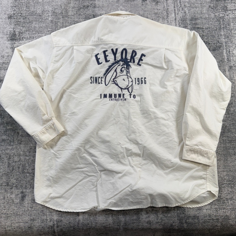 VTG Disney Eeyore Shirt Adult 2XL White Oxford Overshirt Embroidered 90s Pooh